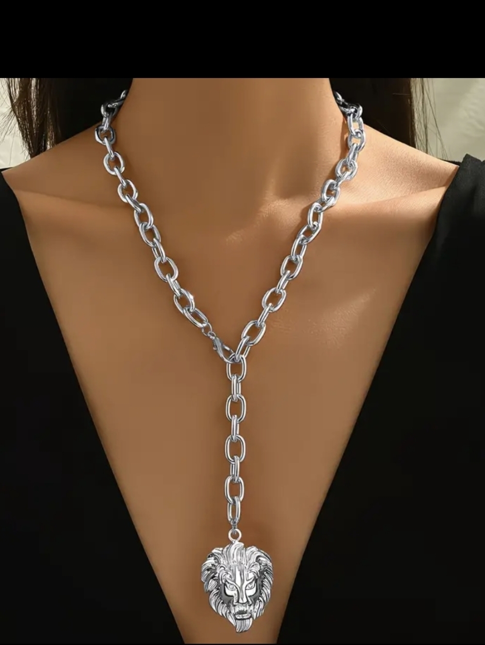 Designer Inspired Silver Lion Head Pendant Lariat Necklace